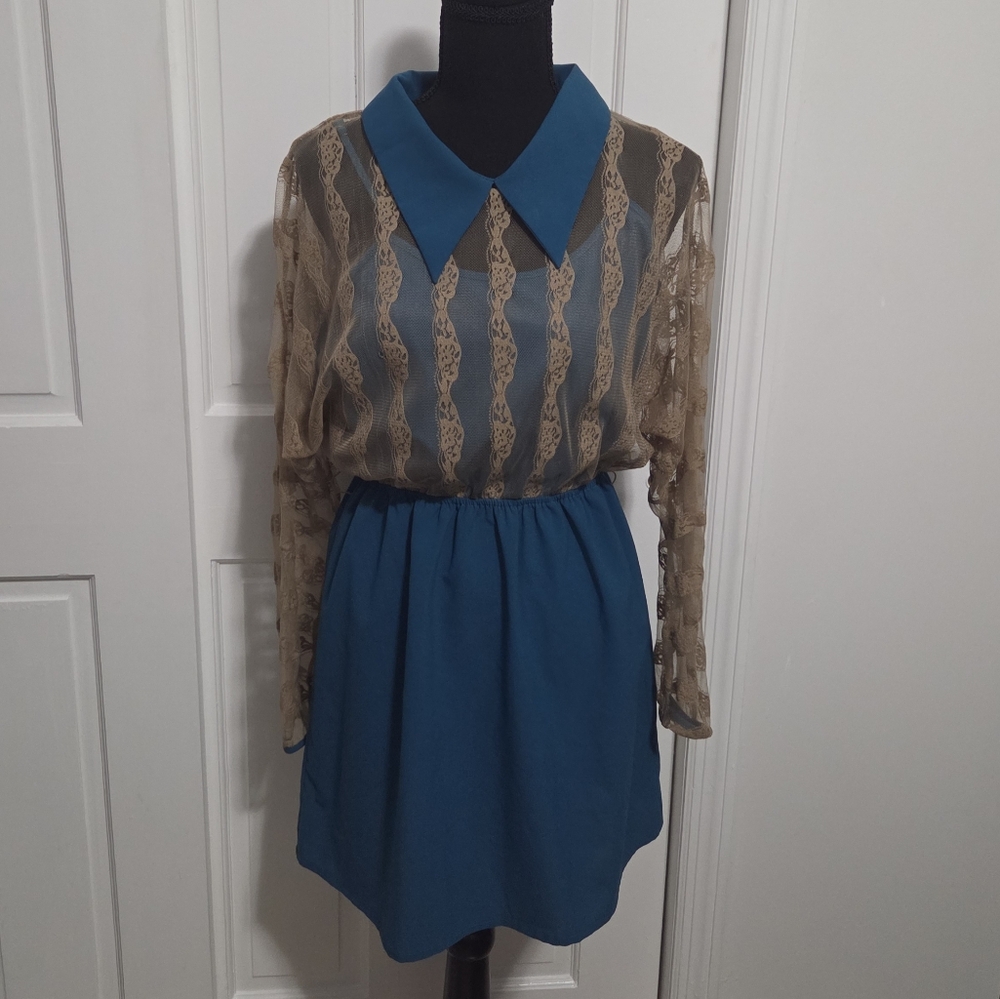 Women US M Flying Tomato Teal Blue and Beige Lace Dress